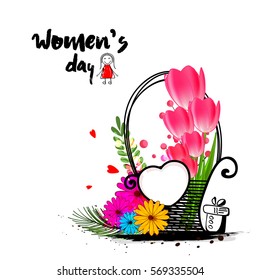 Happy Women's Day, Vector Illustration Greeting Card design based on colorful flowers and Heart shape frame.