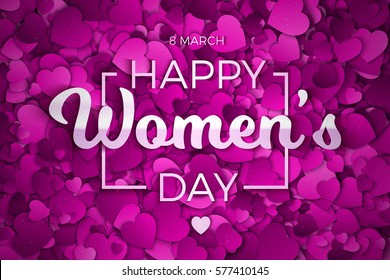 Happy Women's Day Vector illustration. Abstract Purple, Violet and Lilac Textured 3d Hearts and Text Background