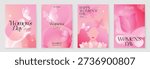 Happy Womens Day vector poster illustration with lotus flower, feminine portrait and abstract wave shapes on soft pink background. Graceful design for posters, invitations, banners and packaging.