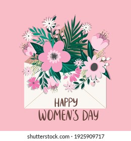 Happy women`s day vector printable postcard, banner.Woman with flowers vector graphics