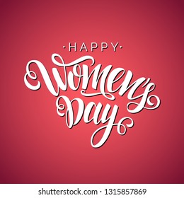 Happy Women's Day vector script lettering on red background. Hand written design element for card, poster, banner. Modern calligraphy for 8 March day. Isolated typography print. Hand drawn clipart.