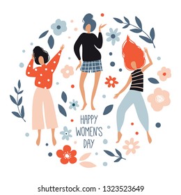 Happy Women's Day. Vector template with cute dancing girls, leaves and flowers. Spring greeting card, poster design for International Women's Day 8 March holiday. Flat hand drawn doodle illustration 