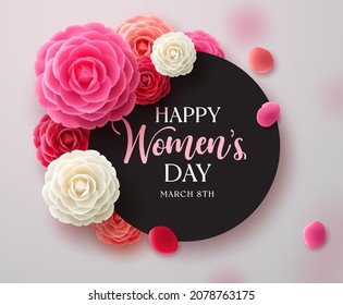 Happy women's day vector template design. March 8 women's day greeting in black empty space for text with camellia flower elements for international woman's celebration. Vector illustration.
