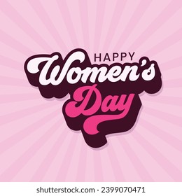 Happy Women's Day vector typography illustration on retro pink background. Hand drawn style lettering of International Women's Day Banner, Poster, Postcard, Sticker, template and Social Media Post.