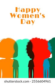 Happy Womens day vertical poster. 8 march. Banner with different silhouettes of women. Flat vector illustration