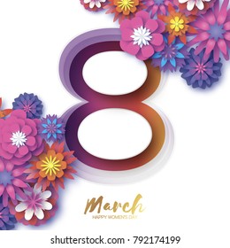Happy Women's Day. Violet 8 March. Trendy Mother's Day. Paper cut Floral Greeting card. Origami flowers. Spring blossom. Seasonal holiday. Eight number frame. Trendy paper decoration.