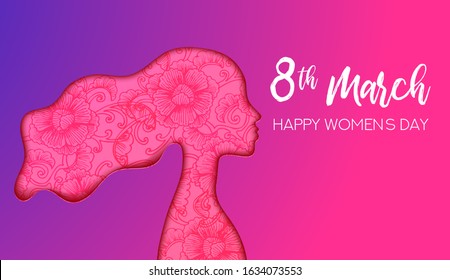 Happy Women's Day web banner illustration. Paper cut girl or Woman silhouette cutout with hand drawn flowers, 