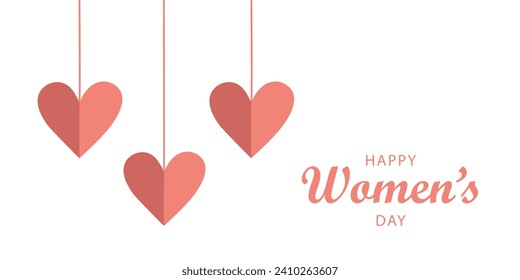 Alegre banner web del Día de la Mujer sobre un fondo blanco con una guirnalda rosada de corazones, con un lugar para tu texto.