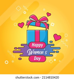 Happy women's day wishing message with a gift box. International women's day celebration. Happy women's day flyer, brochure, or social media post design. Vector illustration.