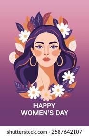 Happy Women's Day Woman With Flower And Leaf Graphic Art Vector