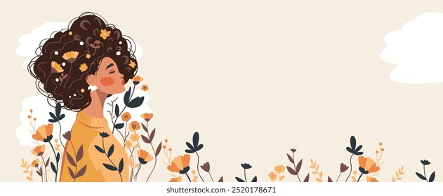 Happy Women's Day. Woman with flowers in her hair on a gentle pastel beige pink background. Happy Mother's Day. Vector horizontal banner with space for text. Feminism concept, women empowerment