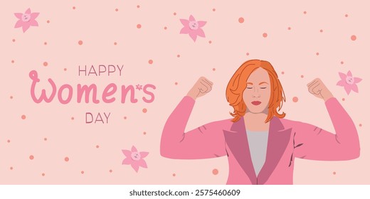 Happy Womens Day. Woman in pink showing her biceps. Holiday vector illustration