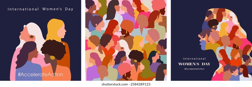 Happy Women's day. Woman silhouette head isolated. March 8, International Women's day card with women. Flat design. The power is in women.
