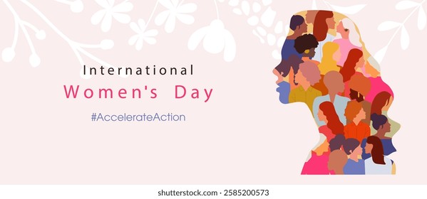 Happy Women's day. Woman silhouette head isolated. March 8, International Women's day card with women. Flat design. The power is in women.