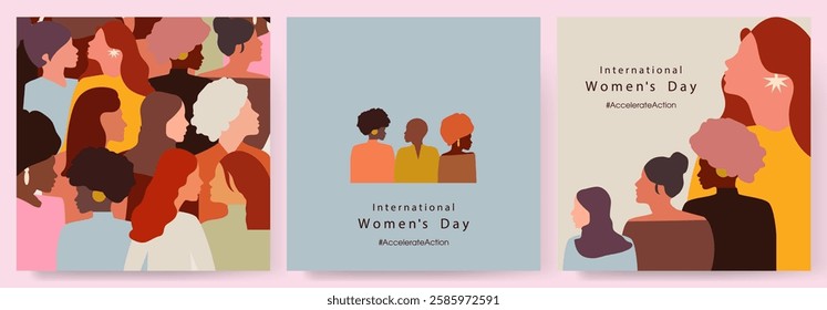 Happy Women's day. Woman silhouette head isolated. March 8, International Women's day card with women. Flat design. The power is in women.