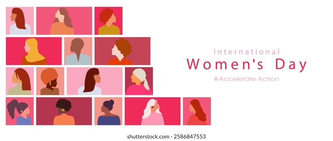 Happy Women's day. Woman silhouette head isolated. March 8, International Women's day card with women. Flat design. The power is in women.