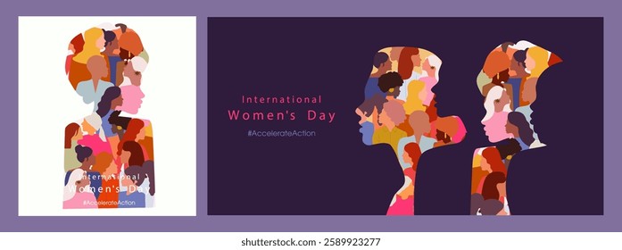 Happy Women's day. Woman silhouette head isolated. March 8, International Women's day card with women. Flat design. The power is in women.