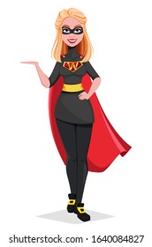 Happy Women's Day. Woman superhero cartoon character pointing on something. Stock vector illustration on white background