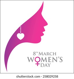 Happy Women's Day women face greeting card, gift card on pink background with design of a women face and text 8th March International women day
