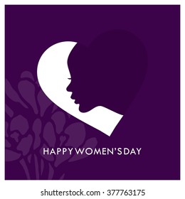 Happy Women's Day women face greeting card, gift card on Purple background with design of a women face and text 8th March International women day