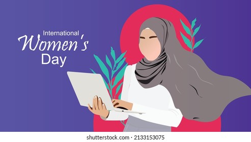 Happy women's day. Women with laptop and leaves with latter 8 in background illustration