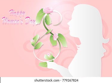 Happy Women's Day. Women and rose paper art style background