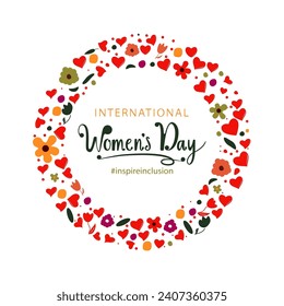 Happy women's day, a wreath of flowers and many hearts of love.