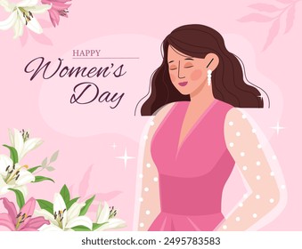 Happy womens day. Young girl in pink dress near bouquet of flowers. Greeting postcard for 8 March. Feminism and solidarity. International holiday and festival. Flat vector illustration