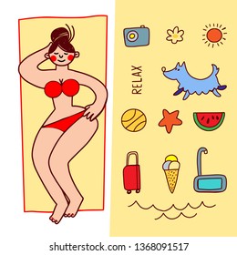 Happy womens rest on beach and Summer hobbie sunbathe. Colored Vector illustration. Doodle cartoon design, linear styled. Ball, dog, camera, swimming mask, a suitcase on vacation, ice cream, sun