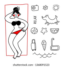 Happy womens rest on beach and Summer hobbie sunbathe. Vector illustration. Doodle cartoon design, linear styled. Ball, dog, camera, swimming mask, a suitcase on vacation, ice cream, sun