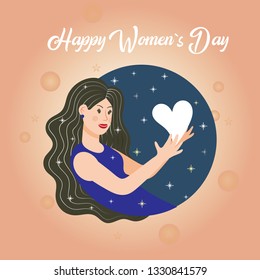 Happy Wome's Day holiday illustration. Paper cutout girl face with pink spring doodles and flowers. A horizontal format design is ideal for web banners or greeting cards. EPS10 vector.
