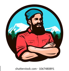 Happy woodcutter, lumberjack with arms crossed on chest. Cartoon vector illustration