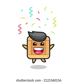 happy wooden box mascot jumping for congratulation with colour confetti , cute style design for t shirt, sticker, logo element