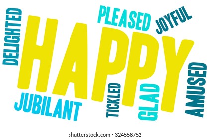 Happy word cloud on a white background.