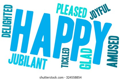 Happy word cloud on a white background.