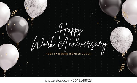 Happy work anniversary black clipart banner. Work anniversary greeting text with balloons floating clip art in elegant background for company celebration design vector illustration. 
