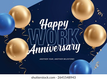 Happy work anniversary clipart design. Company office celebration greeting text clip art with blue and gold balloons floating for another years success background vector illustration. 
