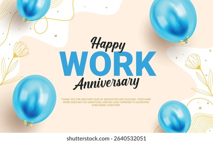 Happy work anniversary greeting clipart design. Company invitation card clip art with blue balloons elements for celebration of success, achievement and hard work background vector illustration. 
