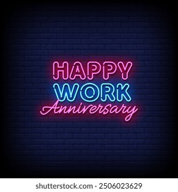 happy work anniversary neon sign vector with brick wall background 