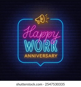 Happy Work Anniversary Neon sign in speech bubble on brick wall background