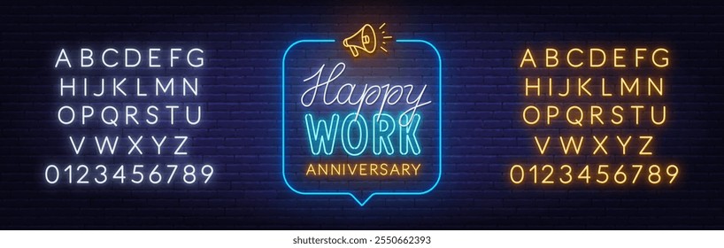 Happy Work Anniversary Neon sign in speech bubble on brick wall background