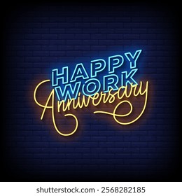 happy work anniversary neon sign style with brick wall background vector