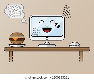 Trabajo feliz en casa usando laptop con comida de hamburguesas