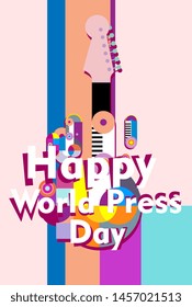 happy work press day, beautiful greeting card background or banner with colorful music theme. design vector illustration