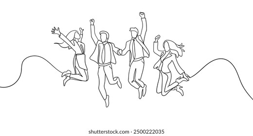 Happy work team continuous line art drawing isolated on white background. 4 Jumping office friends line art. Vector illustration