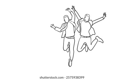 Happy work team continuous line art drawing isolated on blue background. Jumping office two friends line art. Vector illustration	