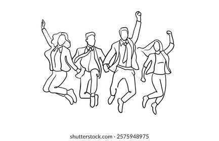 Happy work team continuous line art drawing isolated on white background. Jumping office four friends line art. Vector illustration	