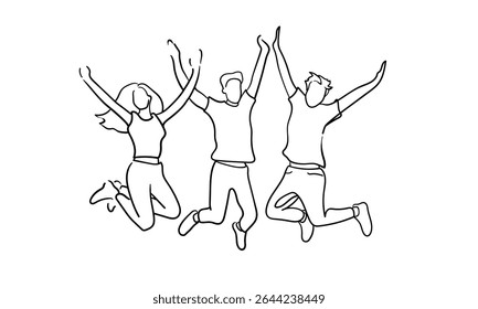 Desenho de arte de linha contínua da equipe de trabalho feliz isolado no fundo branco. Saltando 3 amigos do escritório line art. Ilustração vetorial	