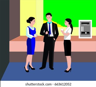 Happy work team during break time in office. Colleagues chatting in coffee break in an office lobby concept illustration vector.
