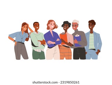 Happy work team. Smiling office characters posing together. Employees and their female boss leader. Friendly teamwork demonstrate confidence, cooperation and unity. Cartoon flat vector illustration